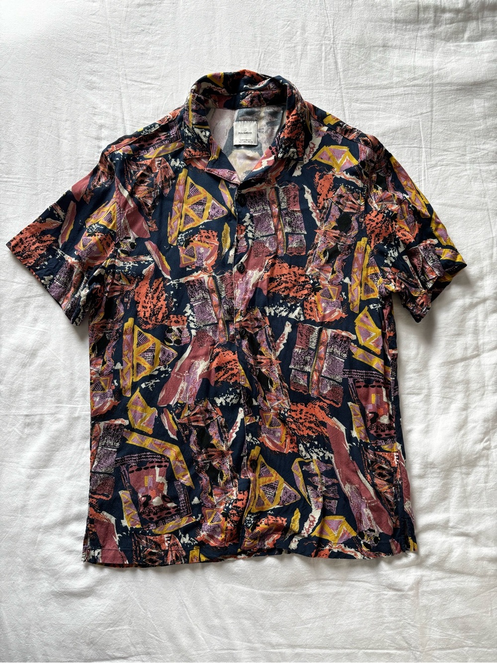 Pull&Bear Navy Geometric Print Short Sleeve Button-Down Shirt Size L
